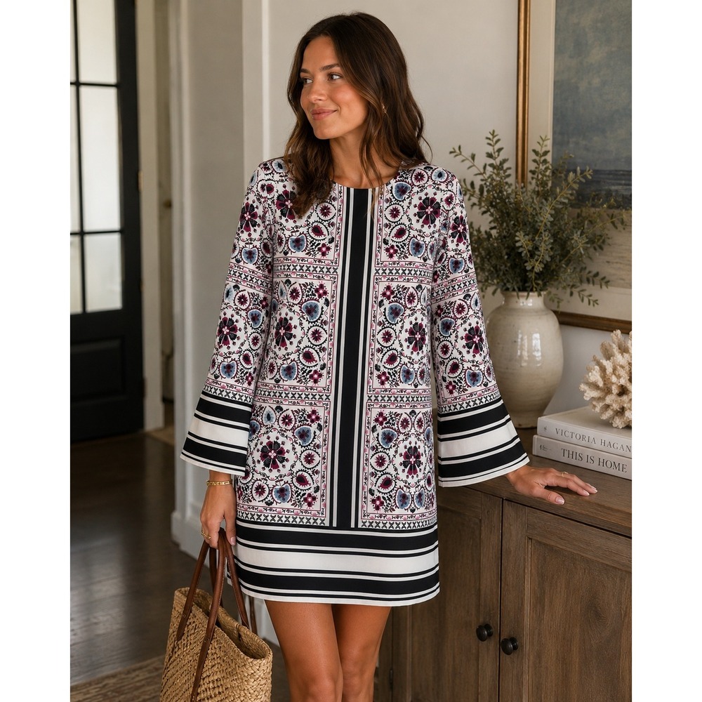 Tuckernuck Shift Dress Womens Small Bell Sleeve Geometric Print